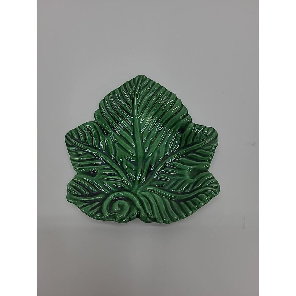 Vintage 1967 Green Grape Leaf Trinket Dish Hand Painted MCM Pottery Signed Dated